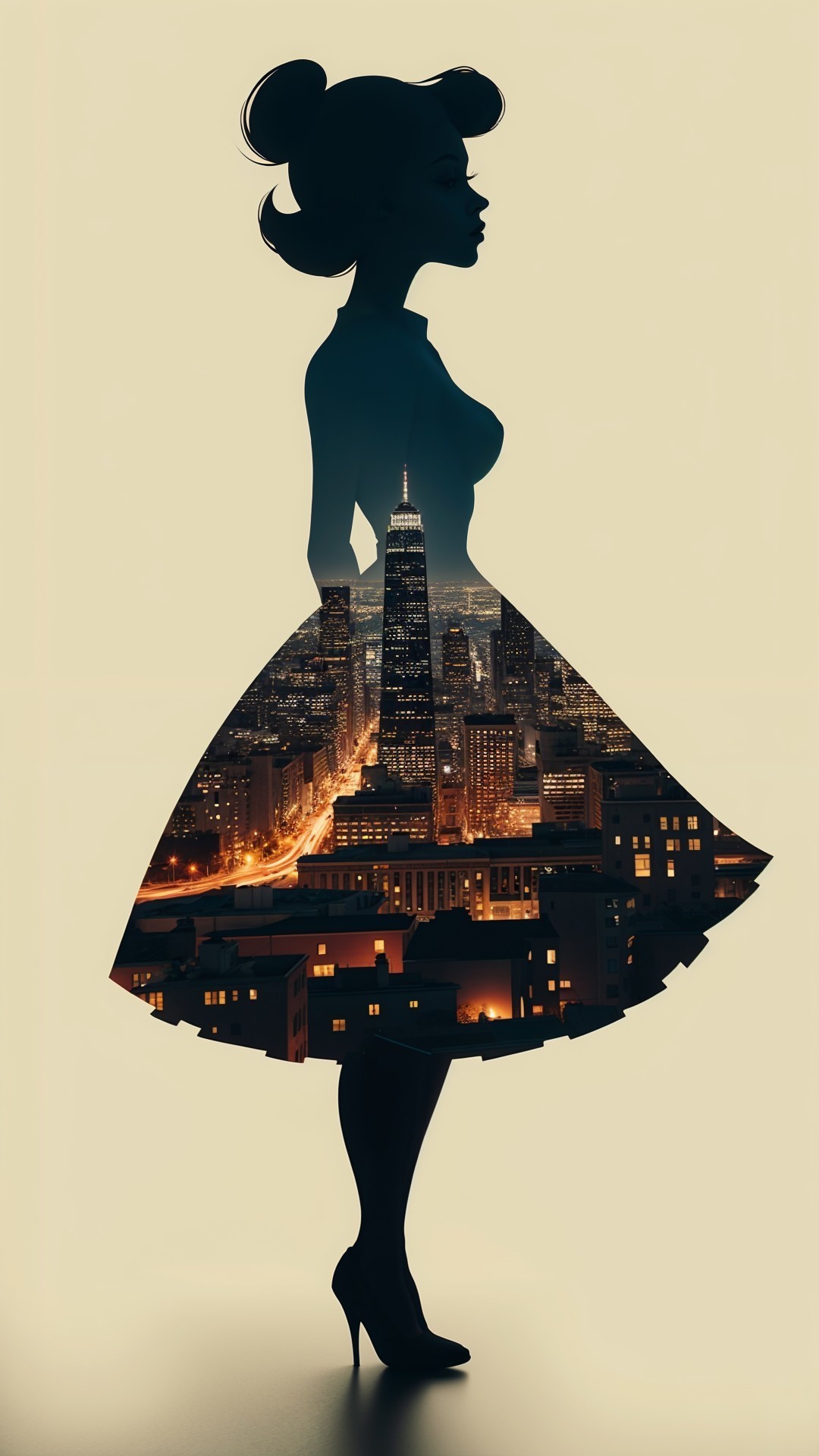 Silhouette of Woman in Dress with City Skyline Design