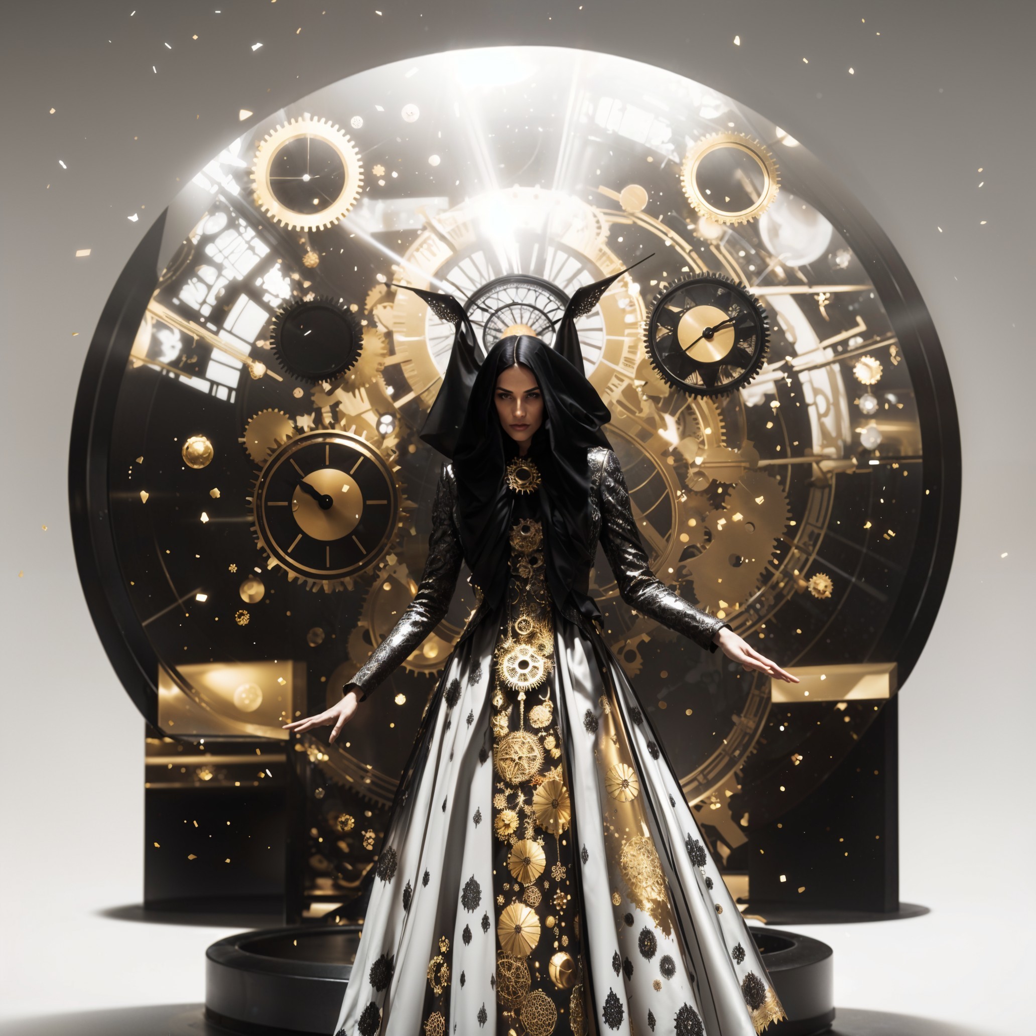 Steampunk Clock Display with Dramatic Figure in Gown