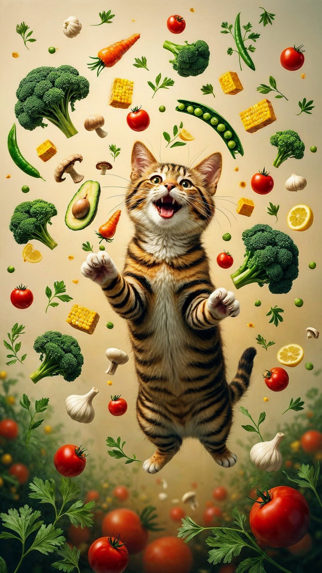 Playful Tiger-Striped Cat Among Fresh Vegetables and Fruits