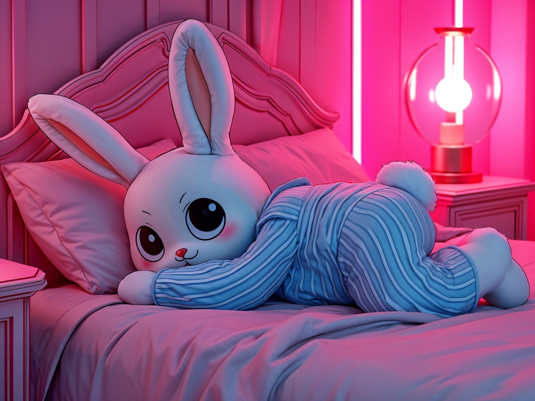 Plush Rabbit Character in Cozy Bedroom Setting