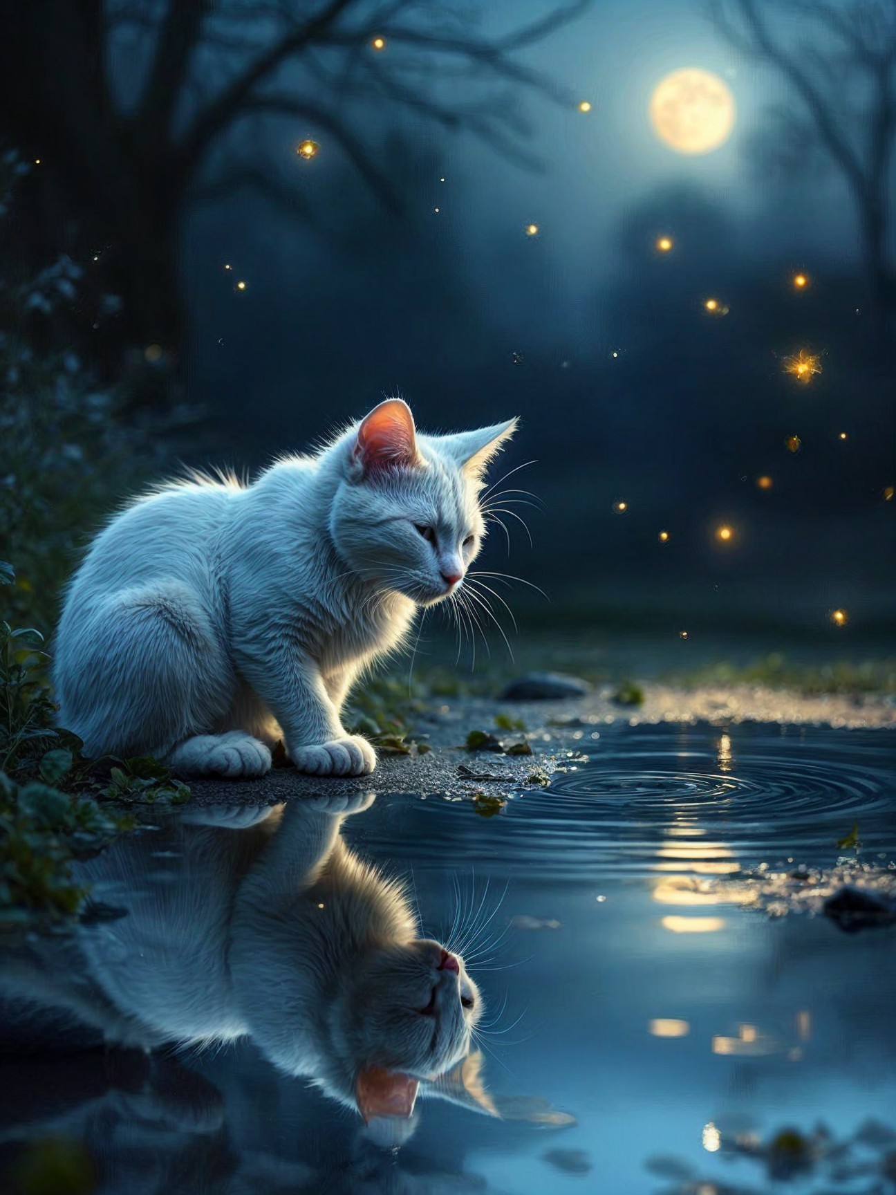 Nighttime Scene with Cat and Shimmering Puddle