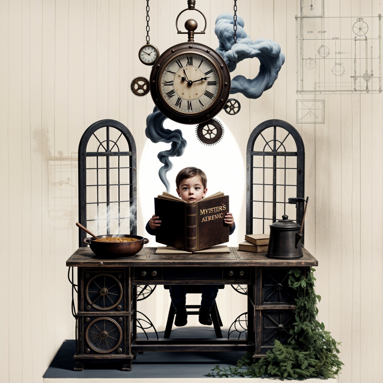 Whimsical Scene of a Boy at a Vintage Desk