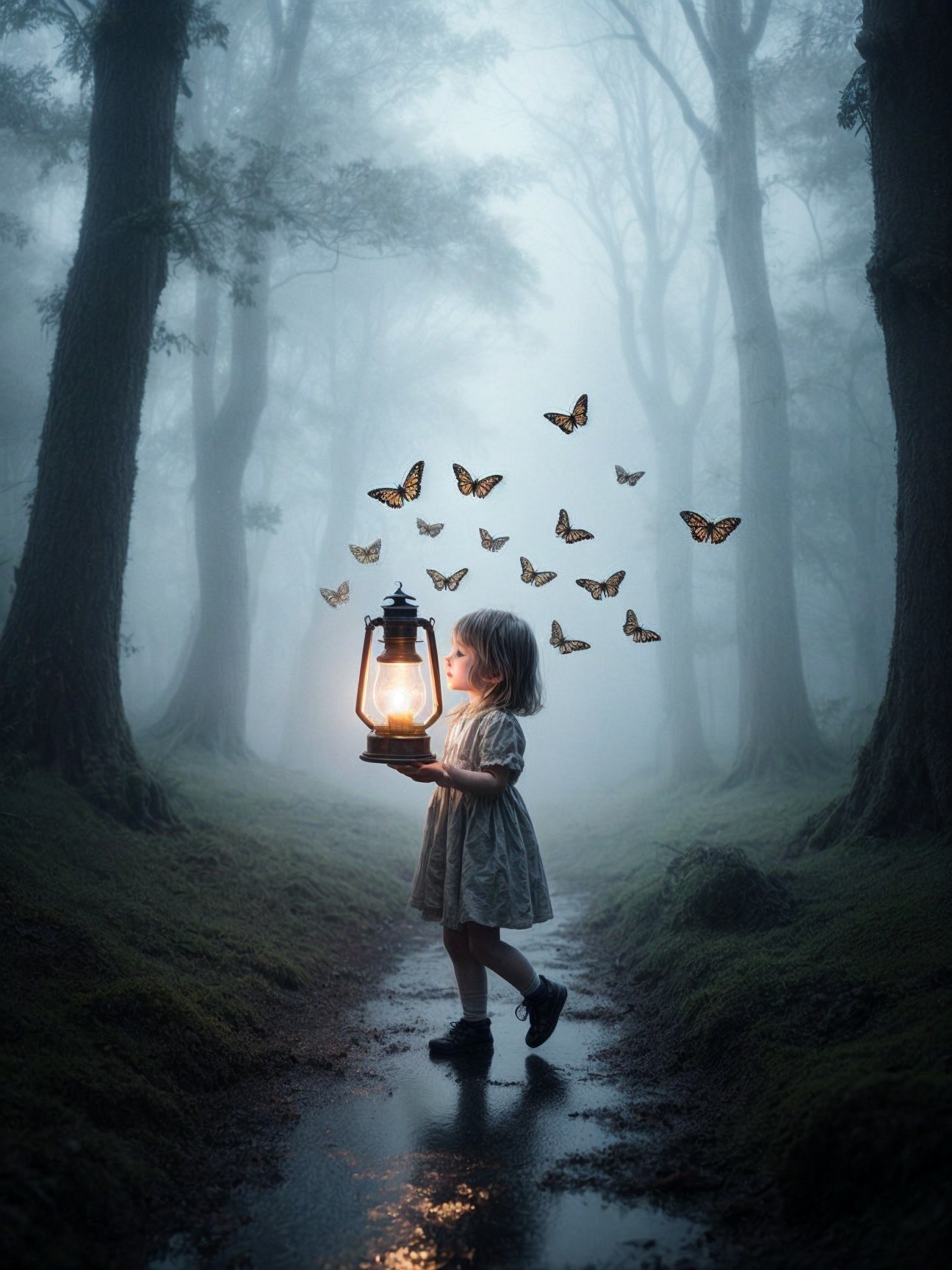 Young girl in misty forest with glowing lantern