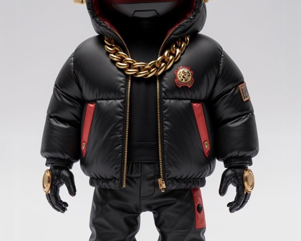 Stylized Toy Figure in Black Puffer Jacket and Gold Accents