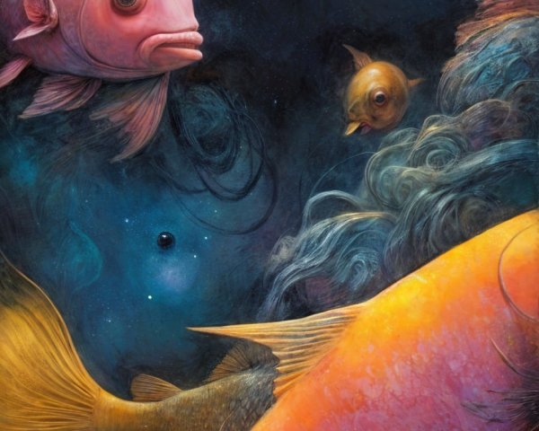 Whimsical Underwater Scene with Cosmic Elements