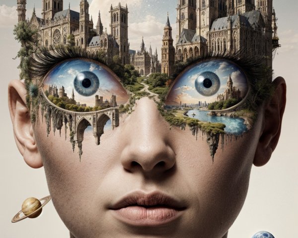 Surreal Portrait with Expressive Eyes and Landscapes