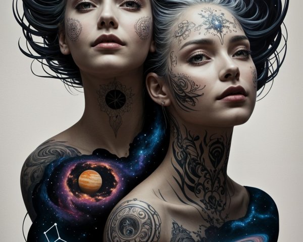 Ethereal Women with Silver Hair in Cosmic Backdrop