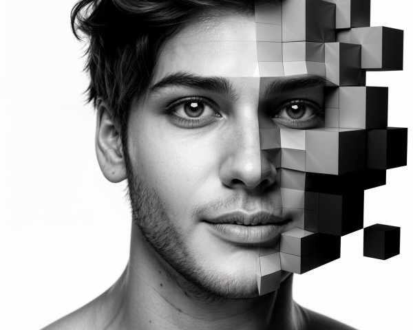 Young man with a face transformed into cubes and fragments