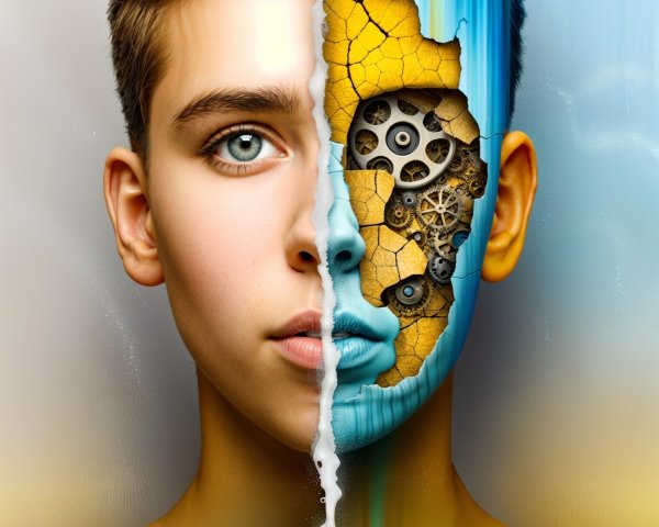 Young Person's Face Split: Natural and Mechanical Elements