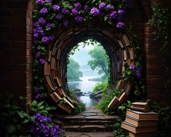 Magical Book Archway Surrounded by Lush Nature