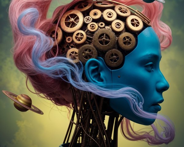 Futuristic robot with blue face and cosmic elements