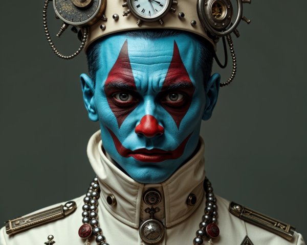 Portrait of a man with blue face paint and clown makeup
