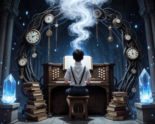 Ancient Chamber with Boy at Grand Organ and Crystals