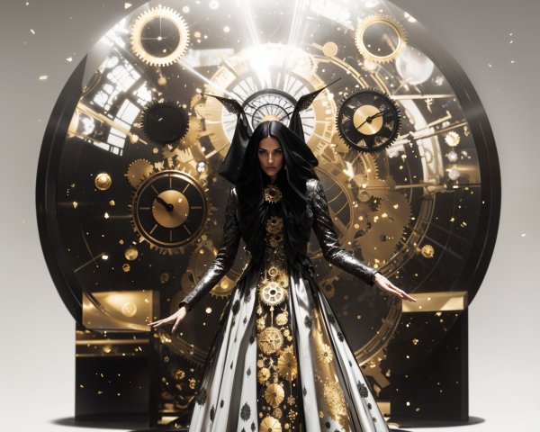 Steampunk Clock Display with Dramatic Figure in Gown