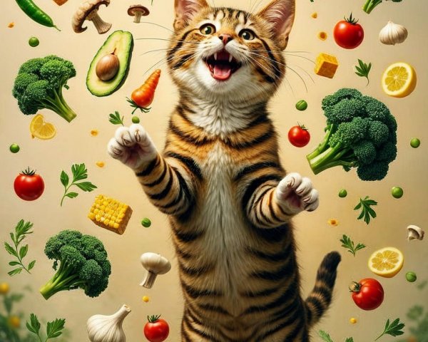 Playful Tiger-Striped Cat Among Fresh Vegetables and Fruits