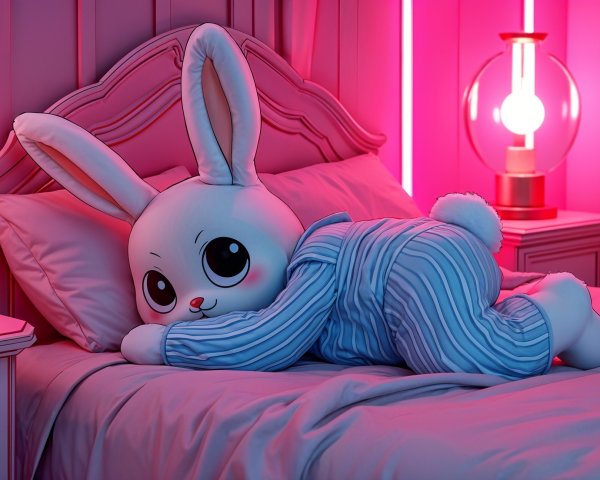Plush Rabbit Character in Cozy Bedroom Setting
