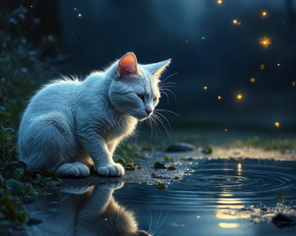 Nighttime Scene with Cat and Shimmering Puddle
