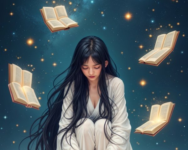 Young Woman in White Dress Amidst Floating Books