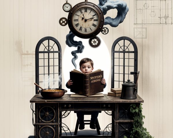 Whimsical Scene of a Boy at a Vintage Desk