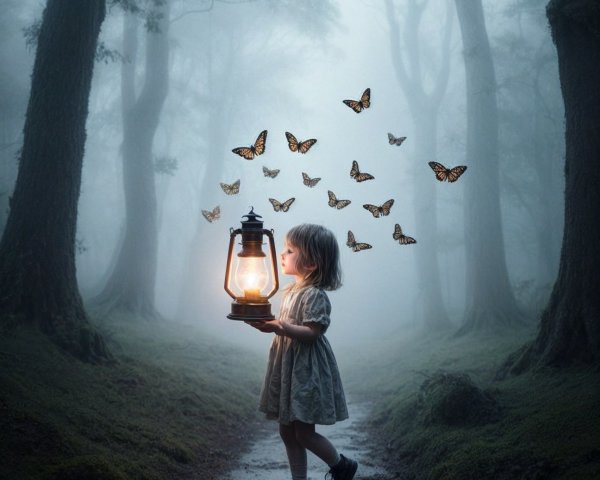 Young girl in misty forest with glowing lantern