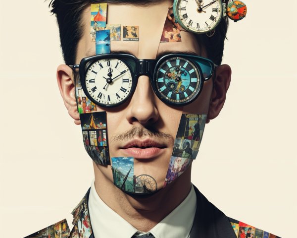 Stylized portrait of a man with clocks and collage art