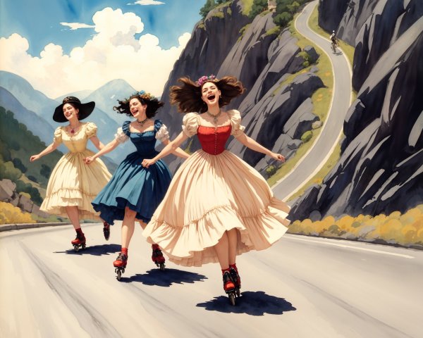 Young Women Roller Skating in Scenic Mountain Setting