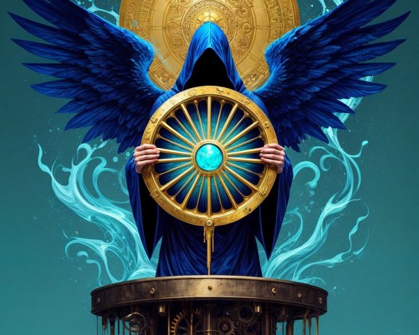 Cloaked Figure with Blue Wings and Radiant Shield