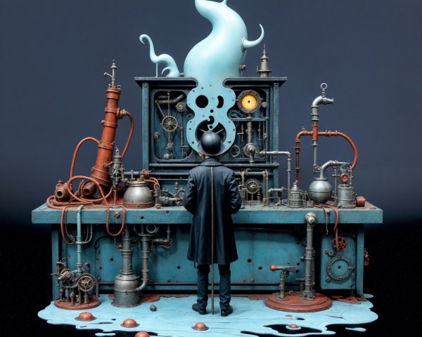 Steampunk Machine with Mystical Blue Smoke and Figure