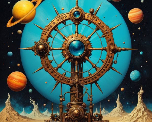 Steampunk Celestial Device with Gemstones and Planets