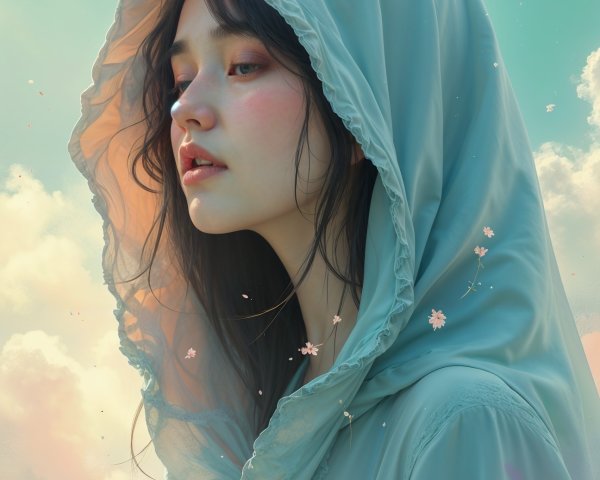 Serene portrait of a young woman in a hooded cloak