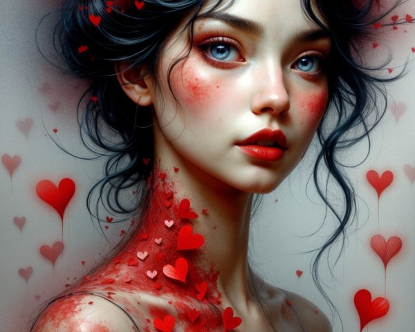Portrait of a woman with red flowers and heart embellishments