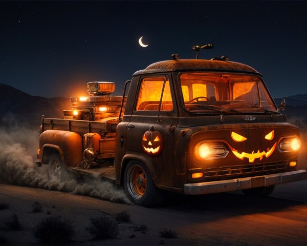 Vintage pickup truck with jack-o'-lanterns in desert