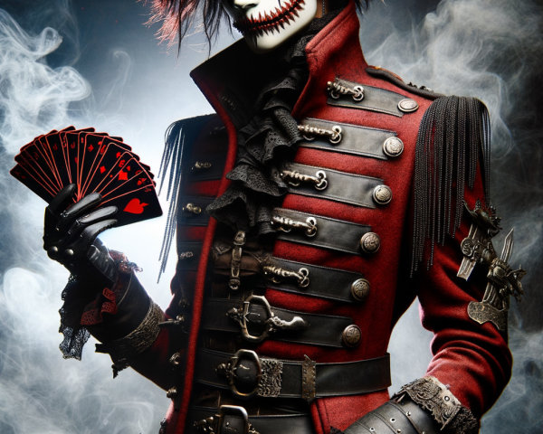 Elaborate Red Jacket with Dramatic Mask and Cards