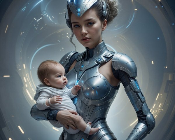 Futuristic Woman in Metallic Armor with Baby