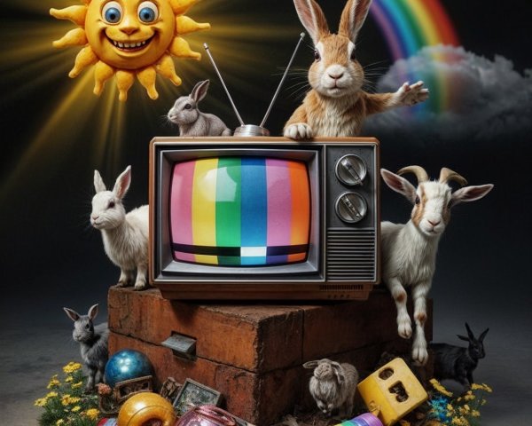 Whimsical Vintage Television Surrounded by Cheerful Animals