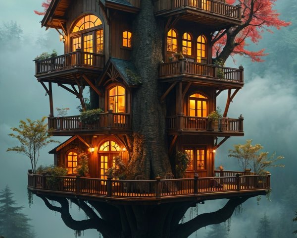 Whimsical Treehouse with Balconies in Misty Forest