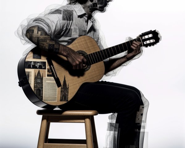 Silhouette of Guitarist with Cityscapes and Clippings