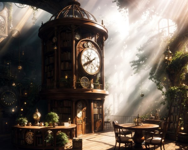 Sunlit library with greenery and ornate timepieces