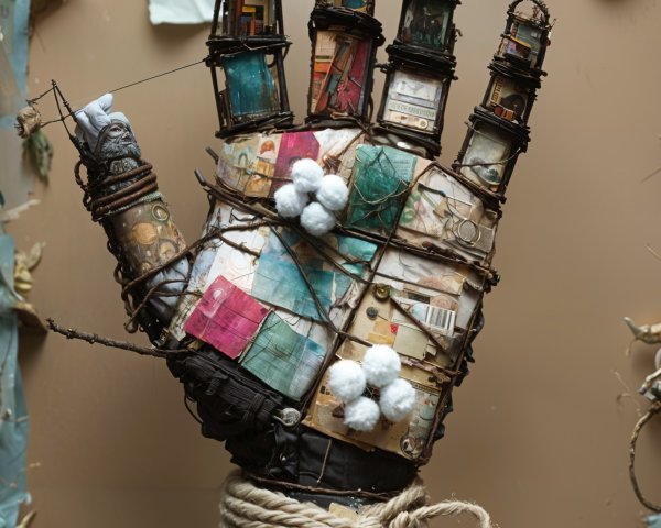 Sculptural Hand with Mixed Materials and Miniature Scenes