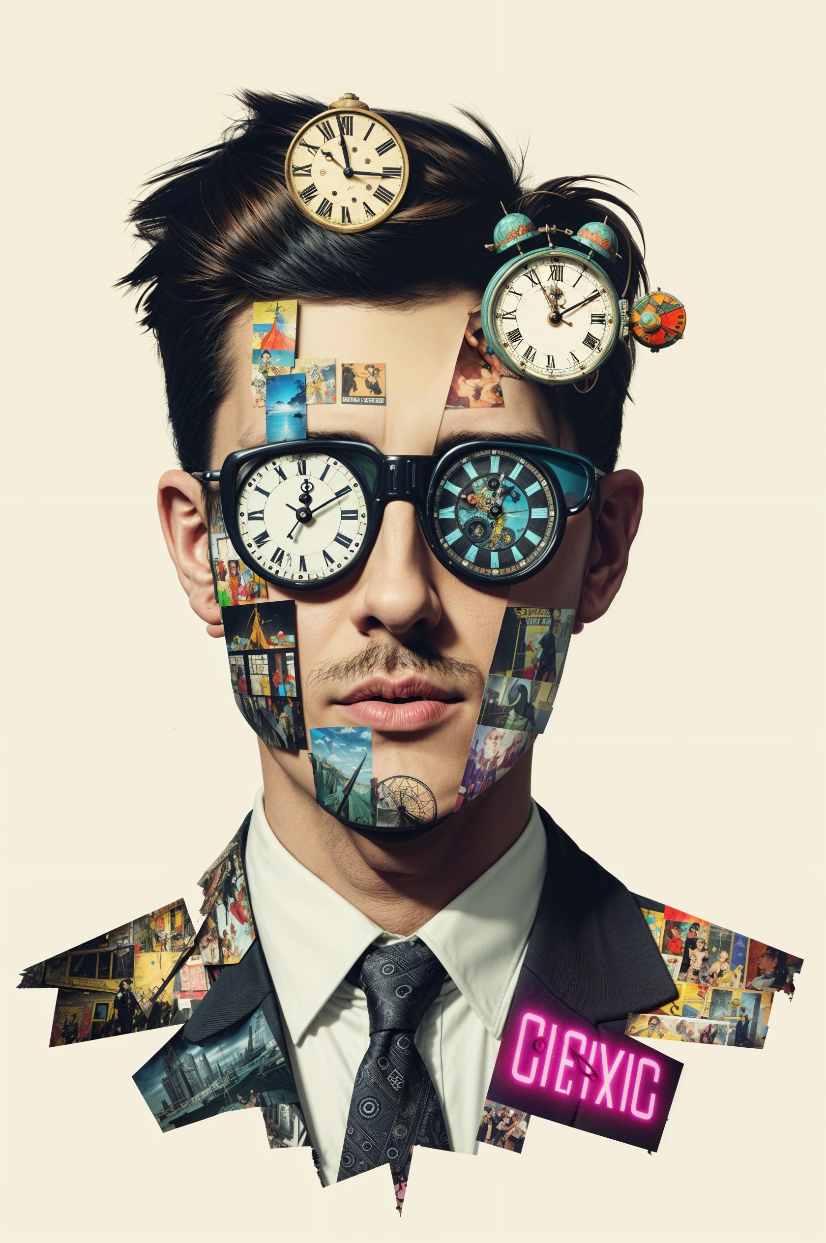 Stylized portrait of a man with clocks and collage art