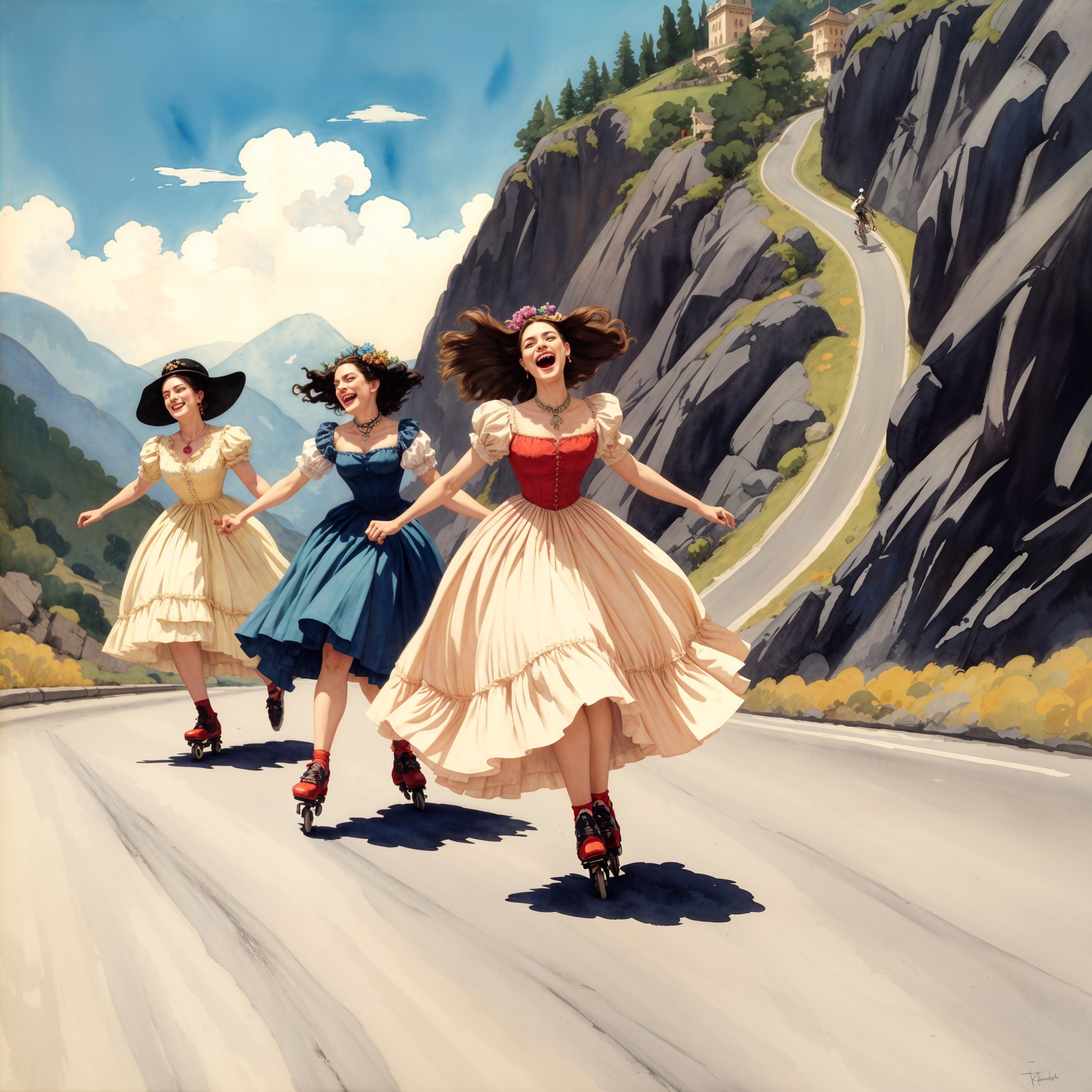 Young Women Roller Skating in Scenic Mountain Setting