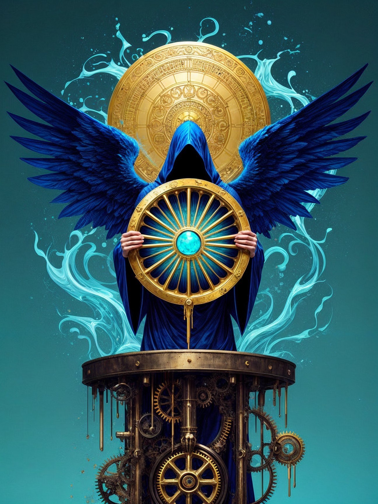 Cloaked Figure with Blue Wings and Radiant Shield