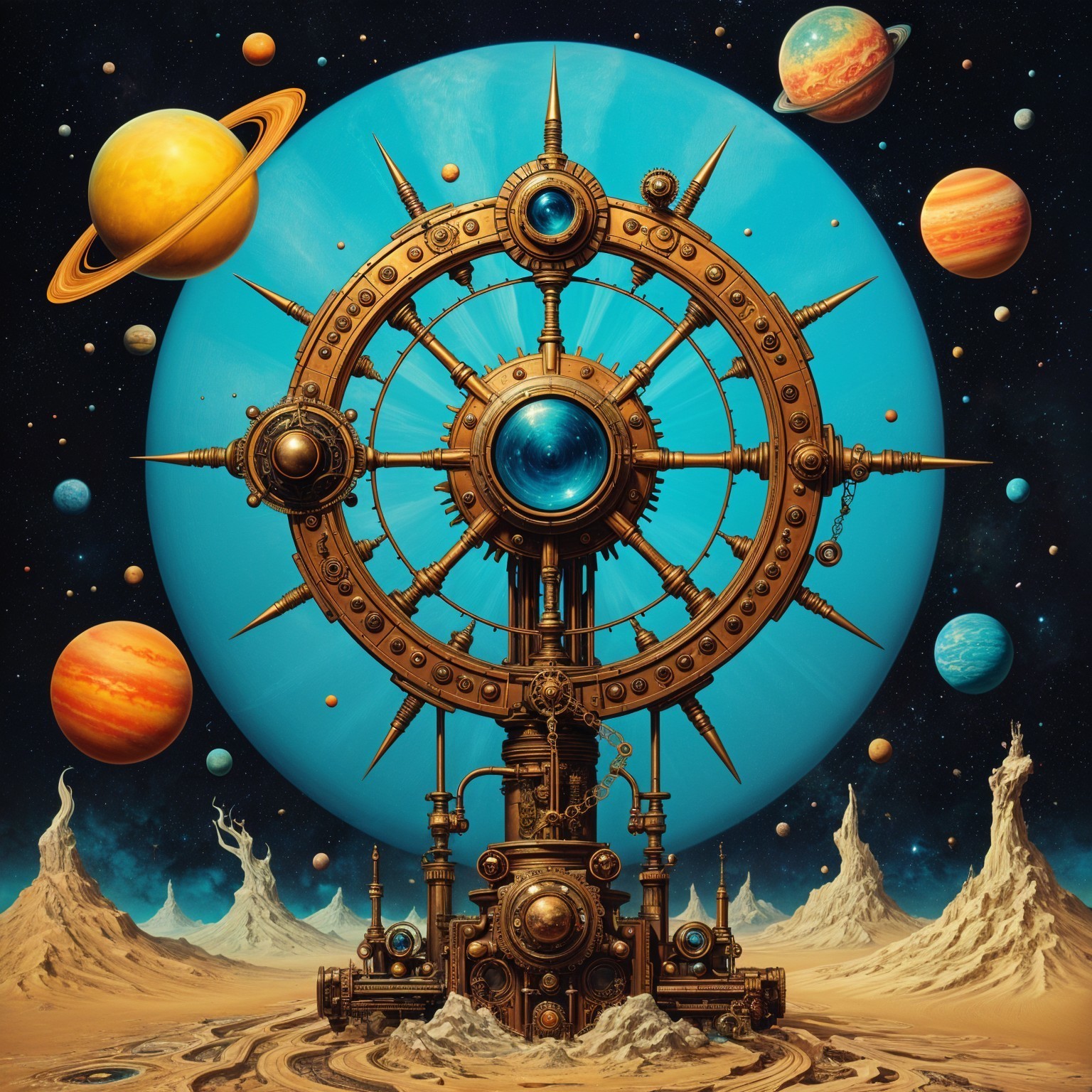Steampunk Celestial Device with Gemstones and Planets