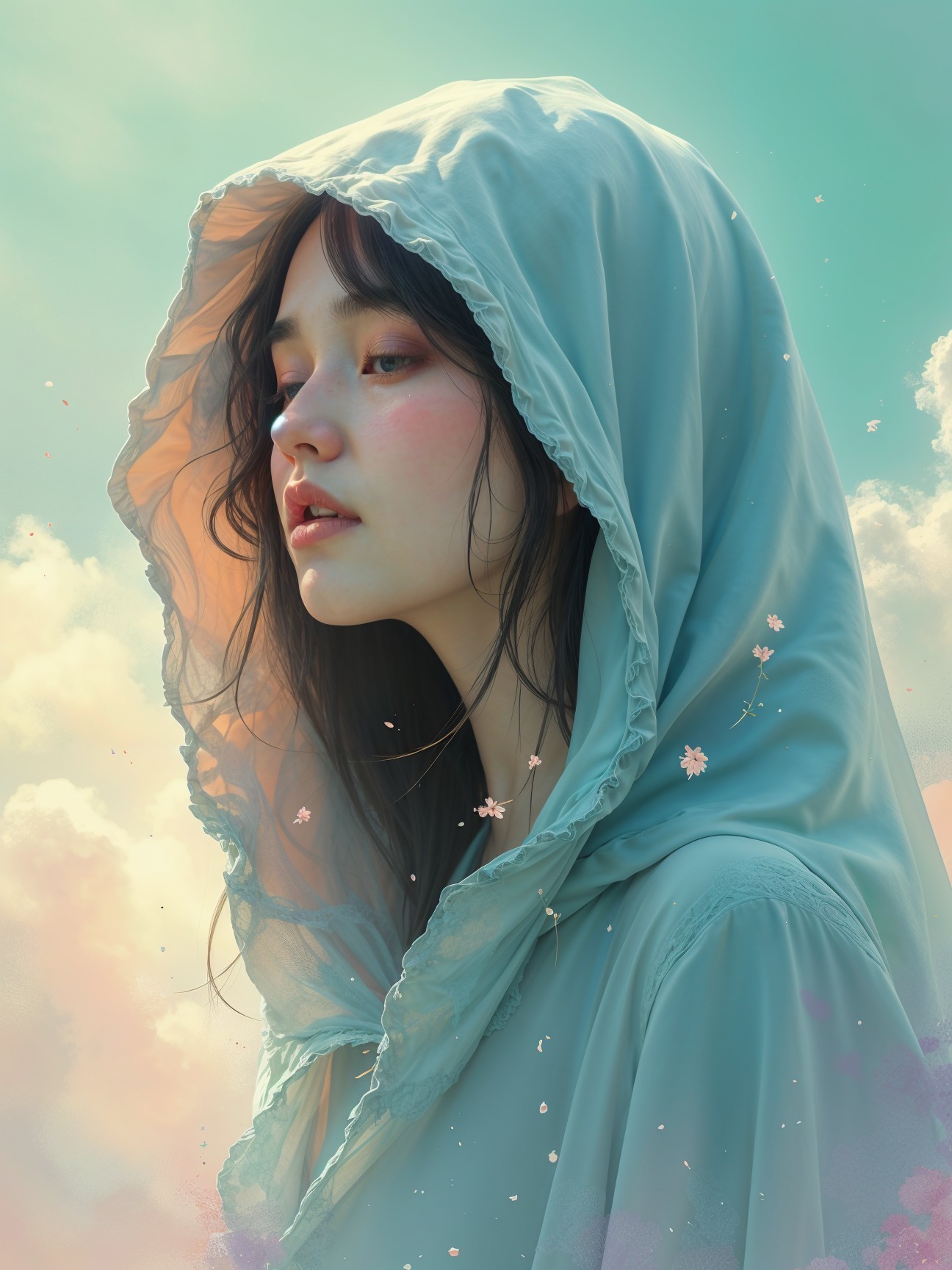 Serene portrait of a young woman in a hooded cloak