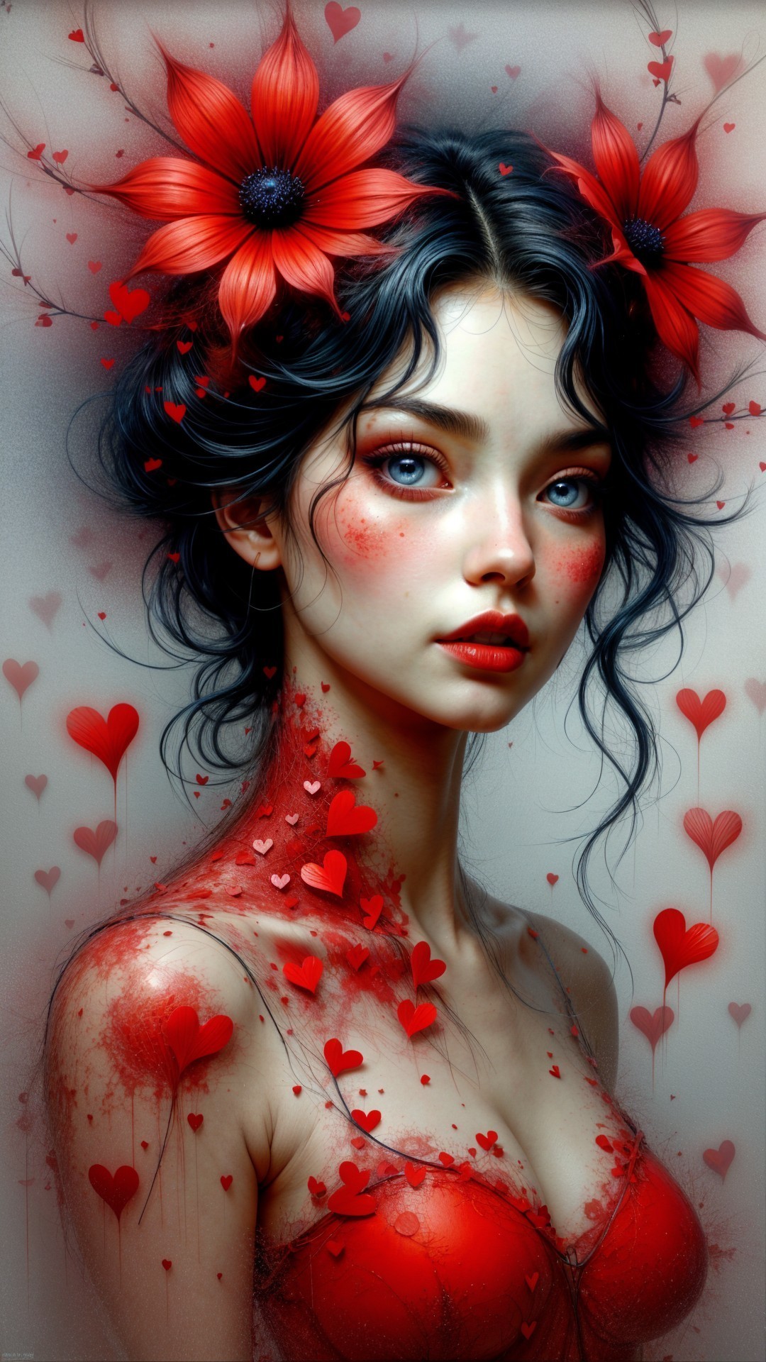 Portrait of a woman with red flowers and heart embellishments