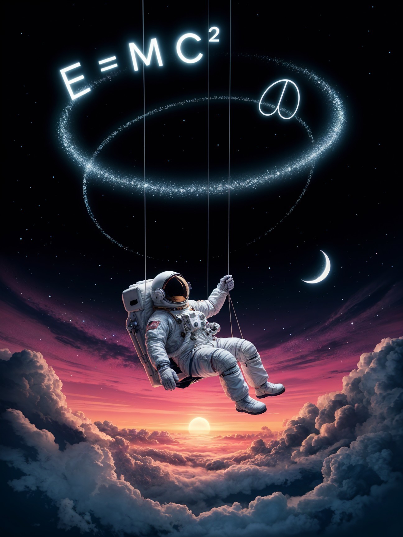 Astronaut in Surreal Sky with Glowing Equations