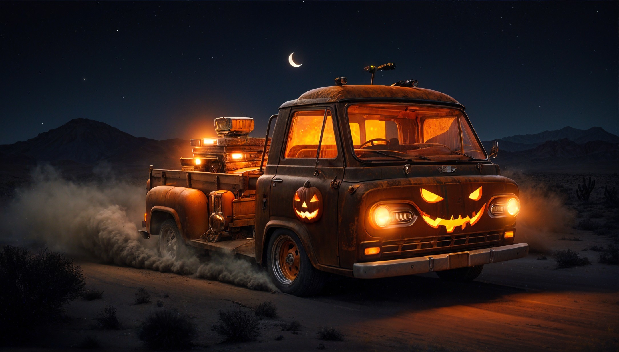 Vintage pickup truck with jack-o'-lanterns in desert