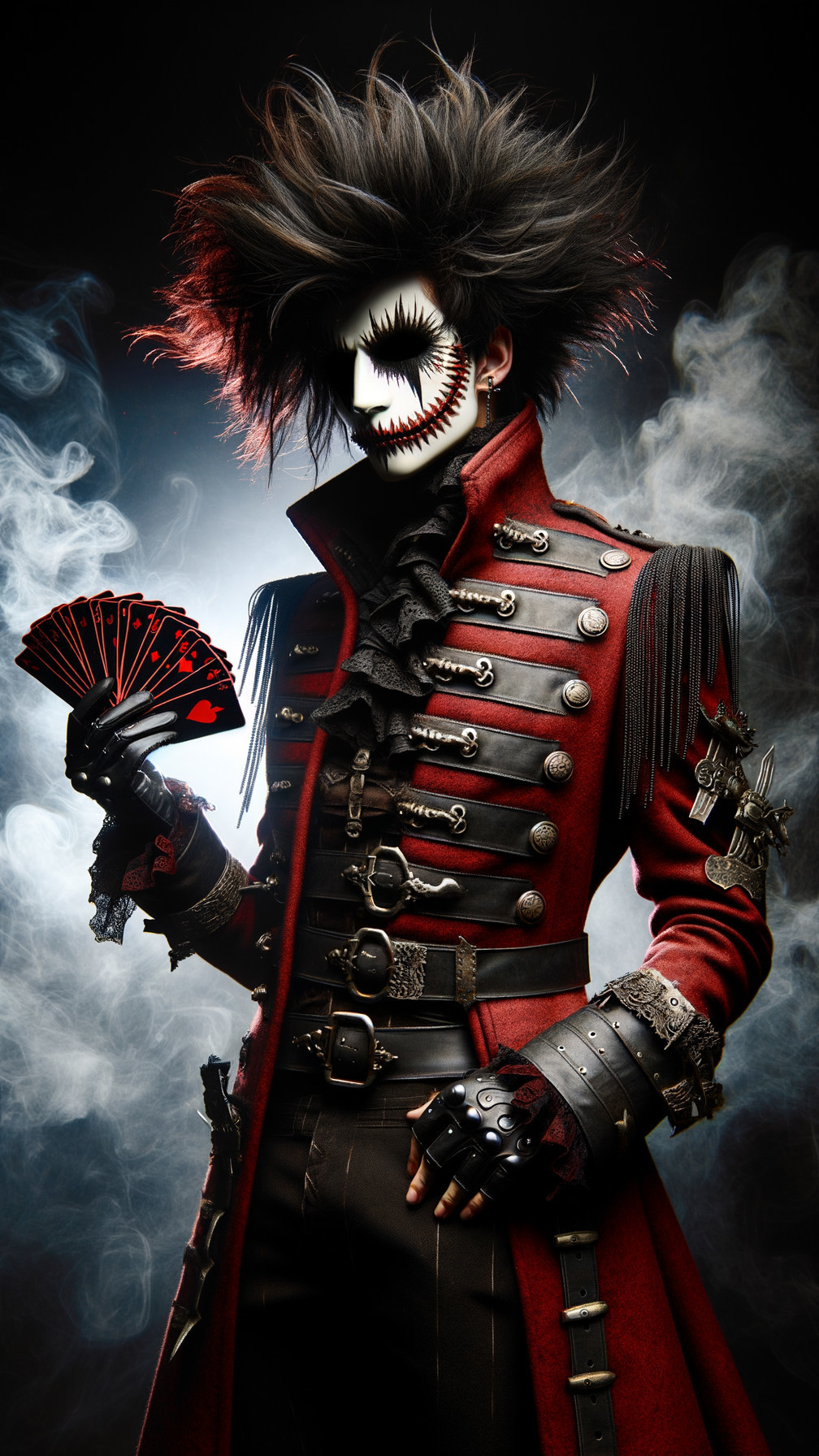 Elaborate Red Jacket with Dramatic Mask and Cards