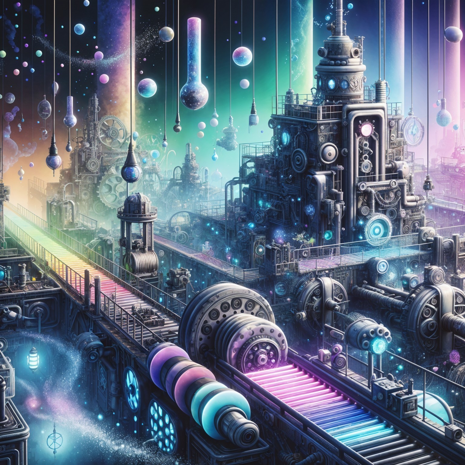 Futuristic Factory with Colorful Machinery and Light