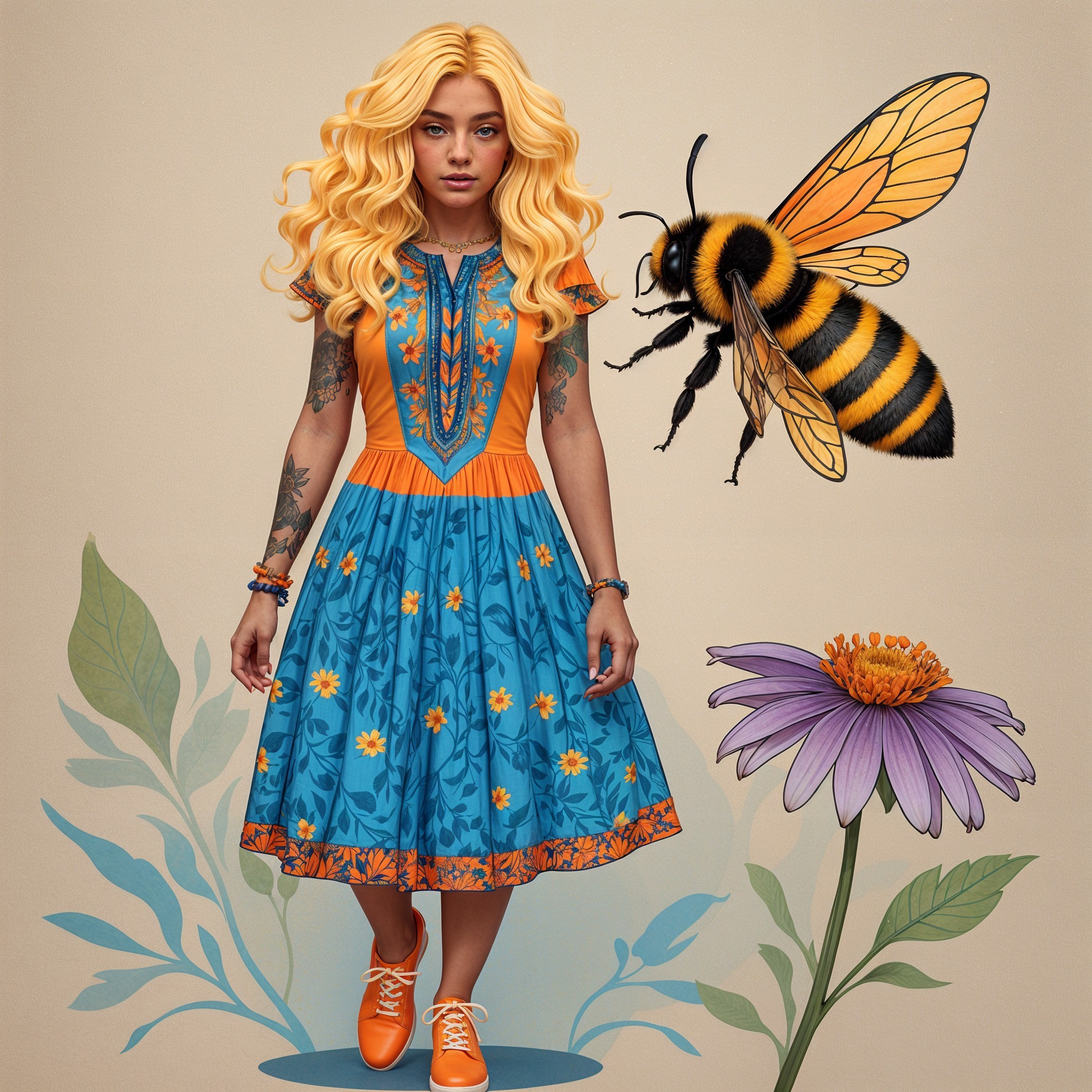 Young woman in floral dress with bee and flower